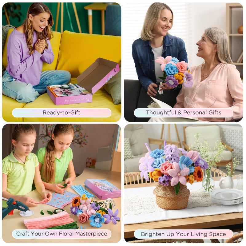 Funtopia Pipe Cleaner Flower Kit, 540Pcs Pipe Cleaners Craft with 15 Designs Guiding Book, Flower Making Kit with Chenille Stems & Floral Wires, DIY Bouquets and Party Decorations (Multicolor, 12in x 7mm) - Image 4