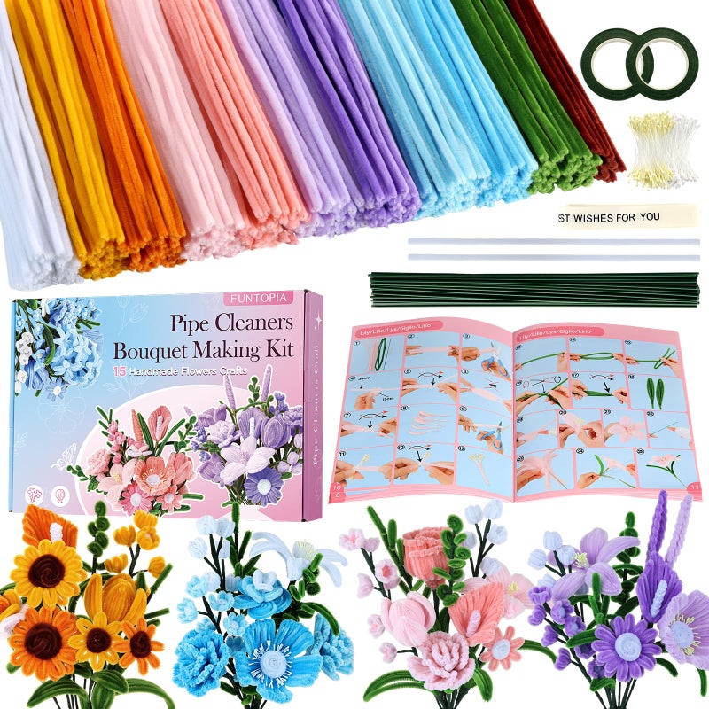 Funtopia Pipe Cleaner Flower Kit, 540Pcs Pipe Cleaners Craft with 15 Designs Guiding Book, Flower Making Kit with Chenille Stems & Floral Wires, DIY Bouquets and Party Decorations (Multicolor, 12in x 7mm) - Image 1