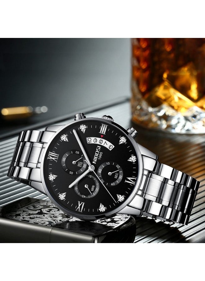 NIBOSI - NIBOSI Men Watches Fashion Analogue Simple Style Stainless Steel Watches Black Dial Alloy Strap Waterproof Watches for Men Gentlemen Husband Boys with Birthday Gift (Silver Black) - Image 1