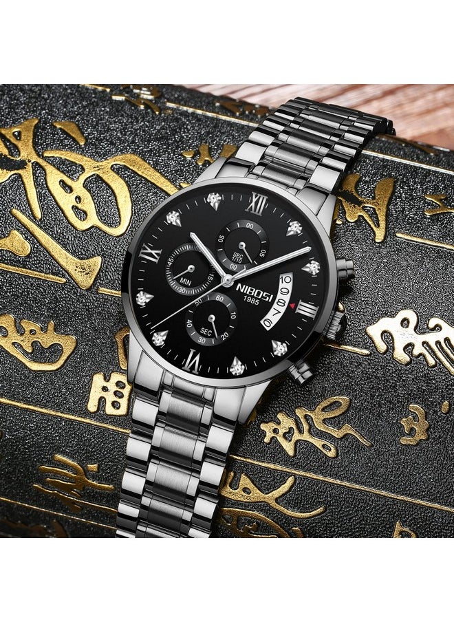 NIBOSI - NIBOSI Men Watches Fashion Analogue Simple Style Stainless Steel Watches Black Dial Alloy Strap Waterproof Watches for Men Gentlemen Husband Boys with Birthday Gift (Silver Black) - Image 1