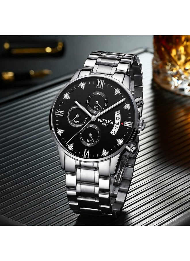 NIBOSI - NIBOSI Men Watches Fashion Analogue Simple Style Stainless Steel Watches Black Dial Alloy Strap Waterproof Watches for Men Gentlemen Husband Boys with Birthday Gift (Silver Black) - Image 1