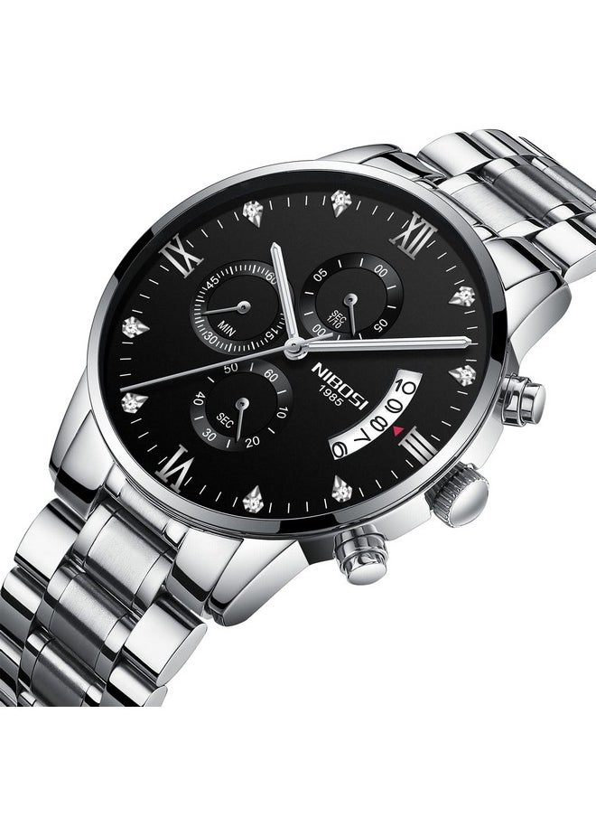 NIBOSI - NIBOSI Men Watches Fashion Analogue Simple Style Stainless Steel Watches Black Dial Alloy Strap Waterproof Watches for Men Gentlemen Husband Boys with Birthday Gift (Silver Black) - Image 1