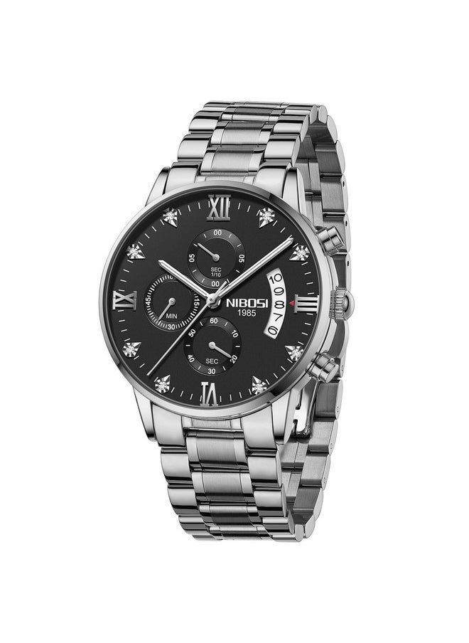 NIBOSI - NIBOSI Men Watches Fashion Analogue Simple Style Stainless Steel Watches Black Dial Alloy Strap Waterproof Watches for Men Gentlemen Husband Boys with Birthday Gift (Silver Black) - Image 1