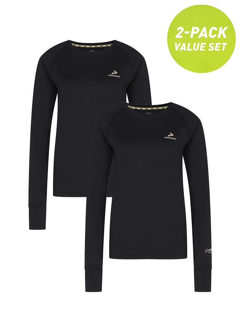 Demix Women's 2-Pack Running T-Shirts – Black Lightweight Training Long Sleeve with MOVI Cool+ Technology, Reflective Elements, Thumb Holes & Flat Seams for Jogging & Workouts - Image 2