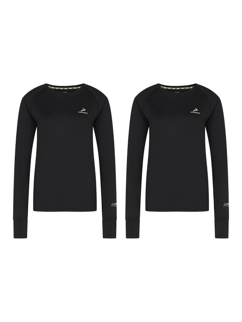 Demix Women's 2-Pack Running T-Shirts – Black Lightweight Training Long Sleeve with MOVI Cool+ Technology, Reflective Elements, Thumb Holes & Flat Seams for Jogging & Workouts - Image 1