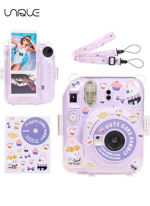3 Pack Clear Camera Case Compatible with Fujifilm Instax Mini 12 Instant Camera, Mini 12 Hard Case with Photo Pocket Holds on Back and Adjustable Shoulder Strap & Cute Camera Sticker (Purple)