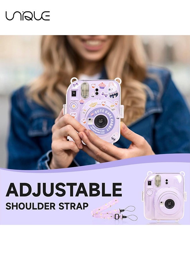 3 Pack Clear Camera Case Compatible with Fujifilm Instax Mini 12 Instant Camera, Mini 12 Hard Case with Photo Pocket Holds on Back and Adjustable Shoulder Strap & Cute Camera Sticker (Purple)