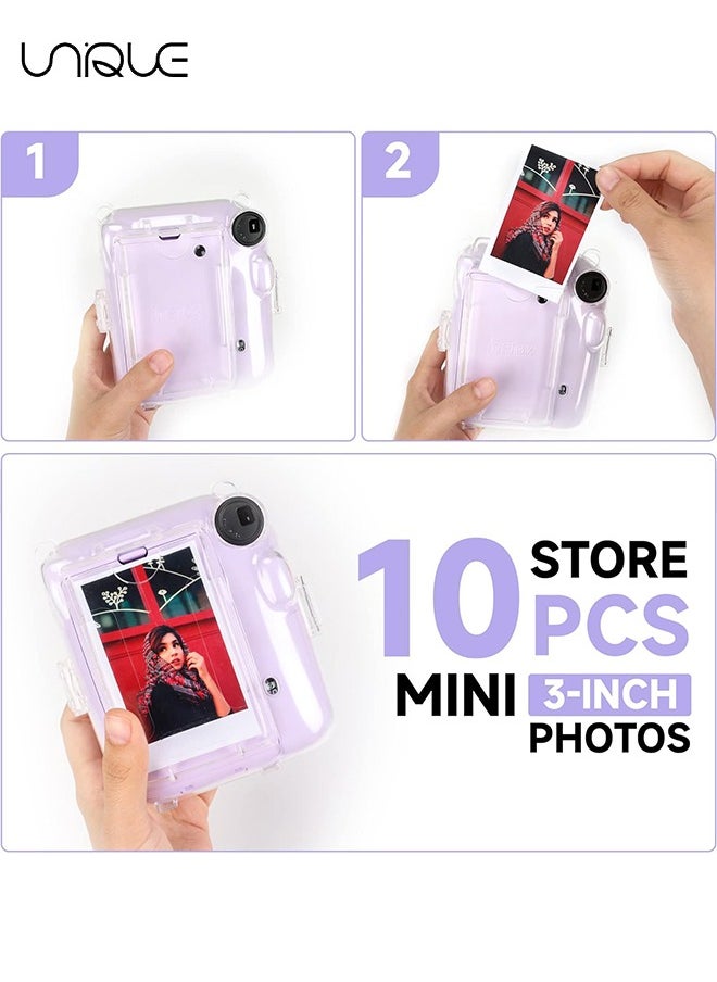 3 Pack Clear Camera Case Compatible with Fujifilm Instax Mini 12 Instant Camera, Mini 12 Hard Case with Photo Pocket Holds on Back and Adjustable Shoulder Strap & Cute Camera Sticker (Purple)