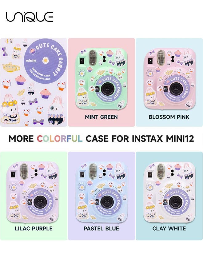 3 Pack Clear Camera Case Compatible with Fujifilm Instax Mini 12 Instant Camera, Mini 12 Hard Case with Photo Pocket Holds on Back and Adjustable Shoulder Strap & Cute Camera Sticker (Purple)