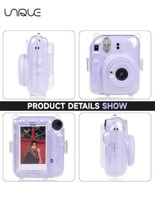 3 Pack Clear Camera Case Compatible with Fujifilm Instax Mini 12 Instant Camera, Mini 12 Hard Case with Photo Pocket Holds on Back and Adjustable Shoulder Strap & Cute Camera Sticker (Purple) - view 5