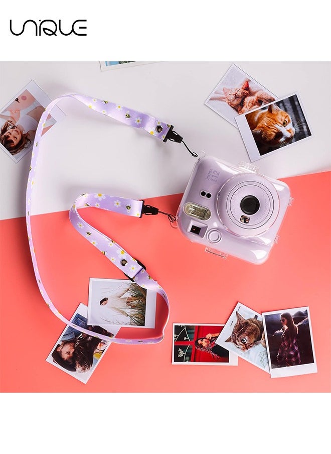 3 Pack Clear Camera Case Compatible with Fujifilm Instax Mini 12 Instant Camera, Mini 12 Hard Case with Photo Pocket Holds on Back and Adjustable Shoulder Strap & Cute Camera Sticker (Purple)