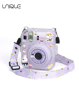 3 Pack Clear Camera Case Compatible with Fujifilm Instax Mini 12 Instant Camera, Mini 12 Hard Case with Photo Pocket Holds on Back and Adjustable Shoulder Strap & Cute Camera Sticker (Purple) - view 3