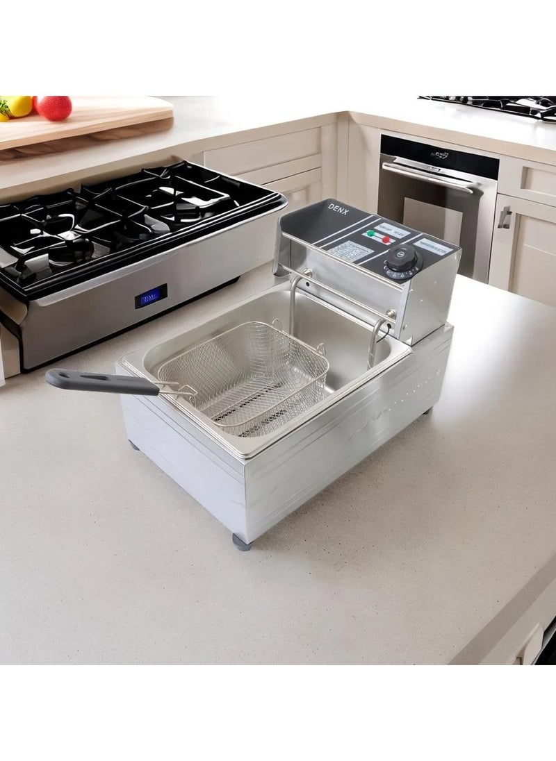 Denx Oil fryer with a capacity of 6 liters and a power of 2500 watts, professional design with heat-resistant handles and a cover to prevent oil from splashing, made of stainless steel  - Image 1