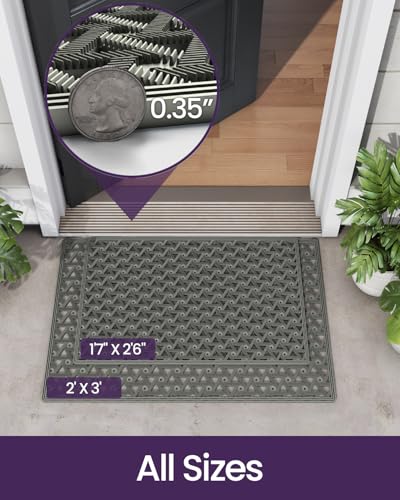 DEXI Front Door Mat Outside Entrance Rubber 19x30, Welcome Floor Doormat Heavy Duty Non Slip, Dirt Trapper Waterproof Exterior Entry Mats All Weather for Patio Entryway Drainage, Grey - Image 2