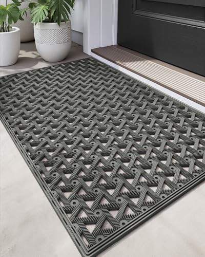 DEXI Front Door Mat Outside Entrance Rubber 19x30, Welcome Floor Doormat Heavy Duty Non Slip, Dirt Trapper Waterproof Exterior Entry Mats All Weather for Patio Entryway Drainage, Grey - Image 1