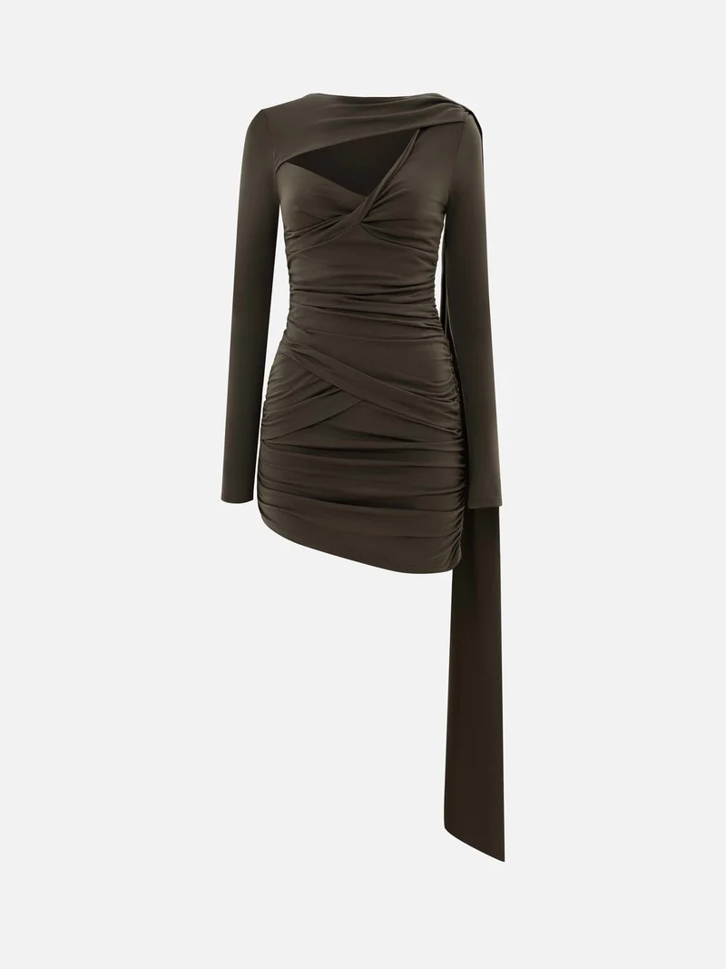 Lichi Knitted mini dress with asymmetrical pleats and decorative scarf
