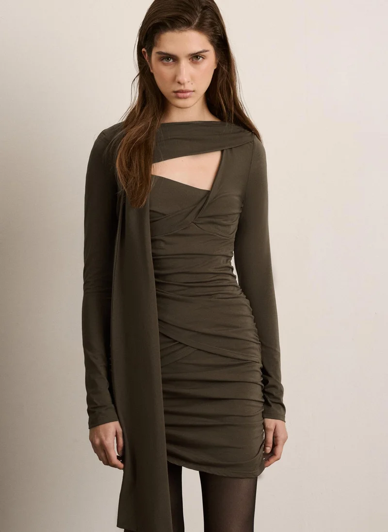 Lichi  Knitted mini dress with asymmetrical pleats and decorative scarf for Women | Best Price UAE