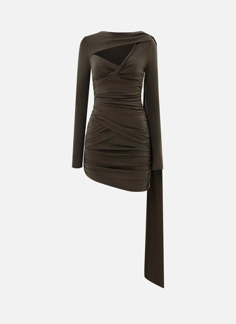 Lichi  Knitted mini dress with asymmetrical pleats and decorative scarf for Women | Best Price UAE