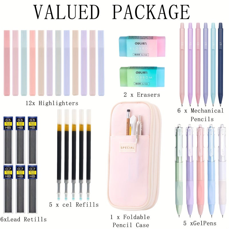 Purple 37 Pieces School Supplies Set Includes Pencil Case Highlighters Pens Mechanical Pencils Erasers - Image 3