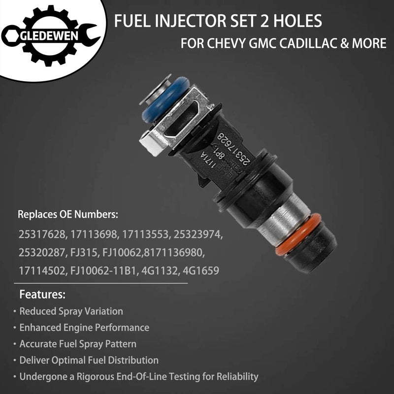 Gledewen Fuel Injector 2 Holes 8Pcs | 4.8L 5.3L 6.0L Engine | for 2001-2007 Chevy Silverado Suburban Tahoe GMC Sierra Yukon Cadillac Escalade & More | Replace# 25317628, 17113698, 17113553, FJ315, FJ10062 - Image 2