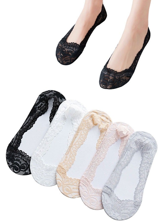HAWAWA 5 Pairs No Show Socks Low Cut Flat Invisible Liner Socks Non Slip Lace Casual Boat Socks for High Heels Flats Women Girl  - Image 1