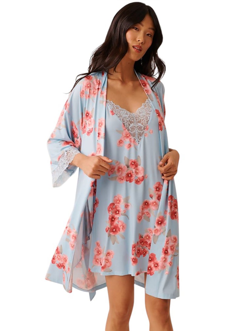 La Vie en Rose Spring Blossom Print Lace Trim Kimono - Image 1
