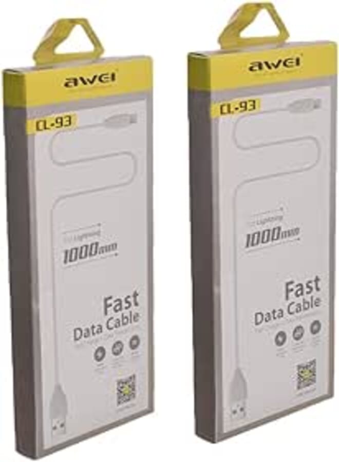 Awei cl-93 USB to lightning Fast Charging Cable And Data Transmission For Mobile Phone Set of 2 pieces 1000mm - white