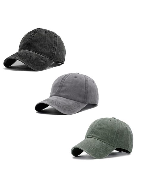 Unisex Vintage Washed Distressed Baseball Cap - Set of 3 - Adjustable Dad Hat with Buckle Closure(Black Gray Green)