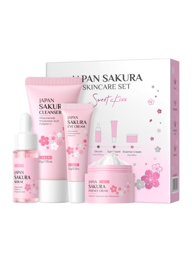 لايكو Cherry Blossom Skincare Set - 4pcs Cleanser, Serum, Eye Cream & Essence Cream with Glycerin, Moisturizing for All Light Beige Types, Daily Care Essentials, Daily Skincare|Cherry Blossom Design|Glycerin Enriched, Sakura Skincare, Korean Skincare Set, Skincare Product, Skin Care Product For Women, Face Wash, Facial Kit For Women, Face Care Product, Skin Care Set, Face Care Set, Skin Care Product For Glowing Skin, Laikou Skincare Set, Face Wash For Women, Serum For Face - Image 1