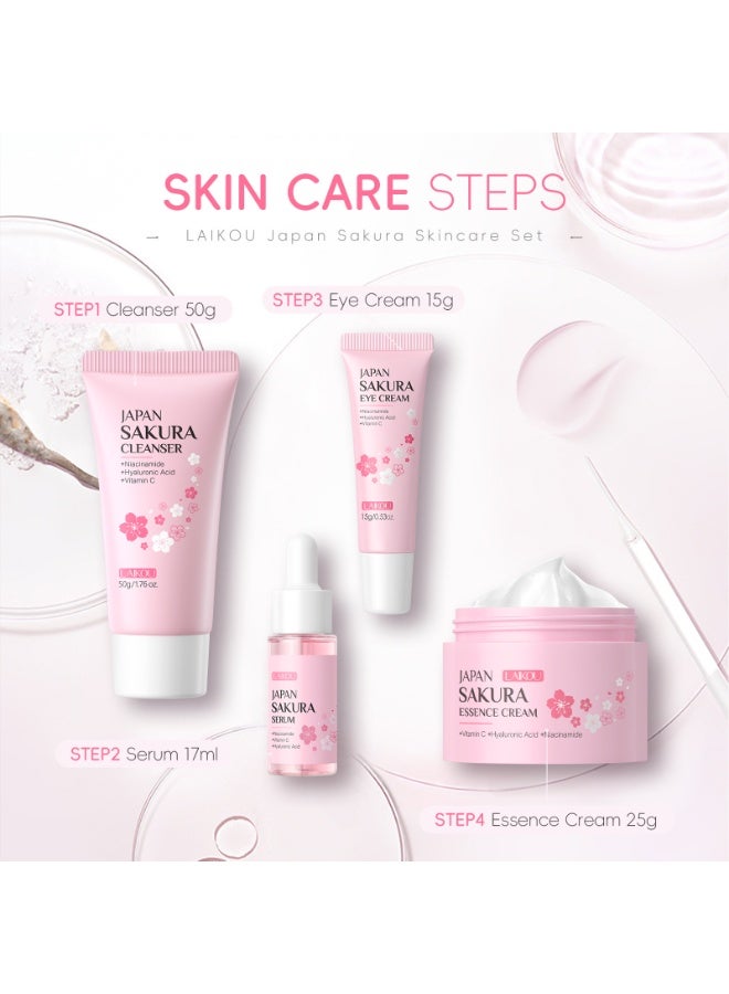 لايكو Cherry Blossom Skincare Set - 4pcs Cleanser, Serum, Eye Cream & Essence Cream with Glycerin, Moisturizing for All Light Beige Types, Daily Care Essentials, Daily Skincare|Cherry Blossom Design|Glycerin Enriched, Sakura Skincare, Korean Skincare Set, Skincare Product, Skin Care Product For Women, Face Wash, Facial Kit For Women, Face Care Product, Skin Care Set, Face Care Set, Skin Care Product For Glowing Skin, Laikou Skincare Set, Face Wash For Women, Serum For Face - Image 2