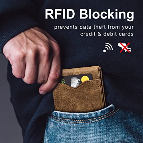 GSOIAX محفظة جيسوياكس للرجال نحيفة للرجال جلد طبيعي ألياف كربونية مانعة لتسرب RFID حاملة بطاقات ائتمان قابلة للطي مع علبة هدايا (بني عتيق) - Image 4