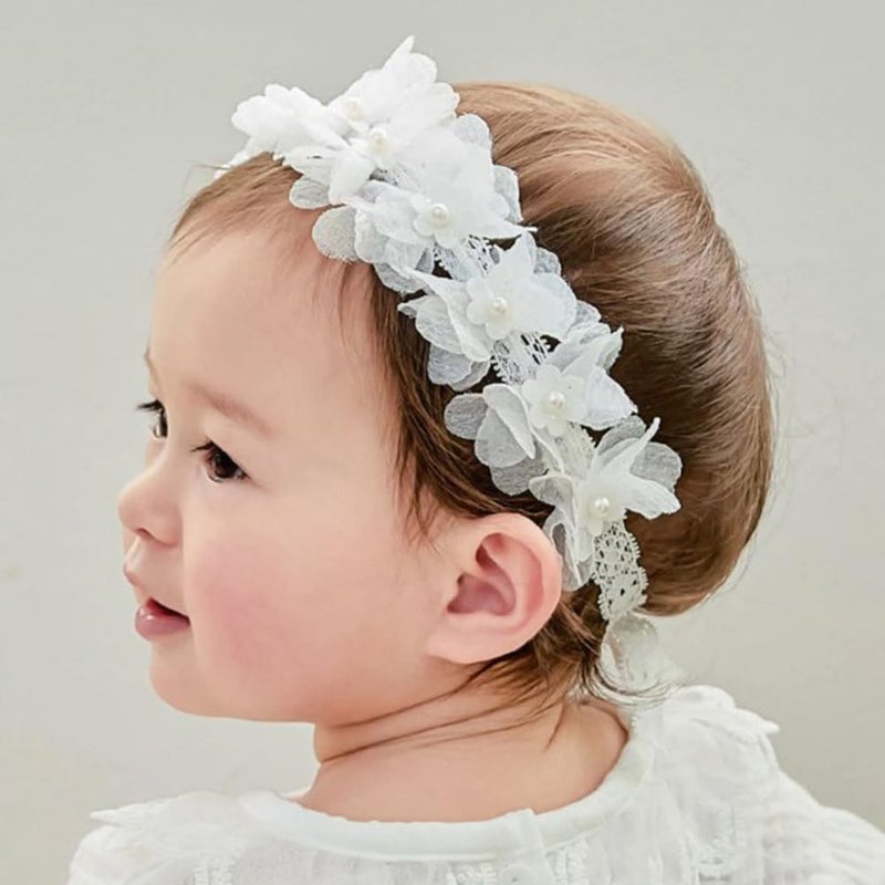 Rannyrena Floral Lace Hair Bow for Baby Girls Soft Stretch Headband for Newborns to Toddlers Baby Shower Birthday Hair Band 0-36 Months (White flower, Free) - Image 1