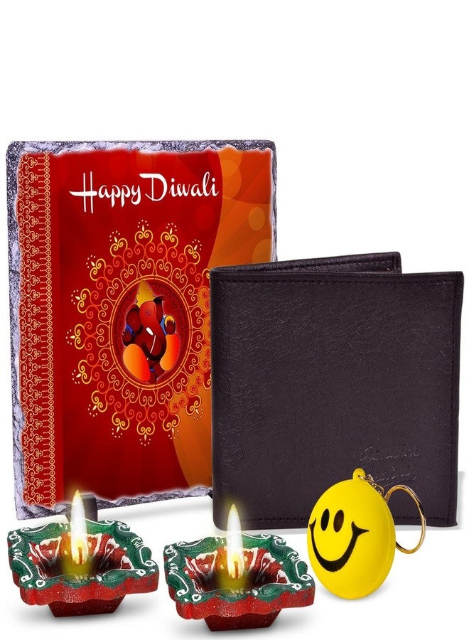 Alwaysgift May The Blessings of Lord Ganesha 2 Diyas, Wallet, Smiley Keychain, & Rock Tile Frame Gift Set - Image 1
