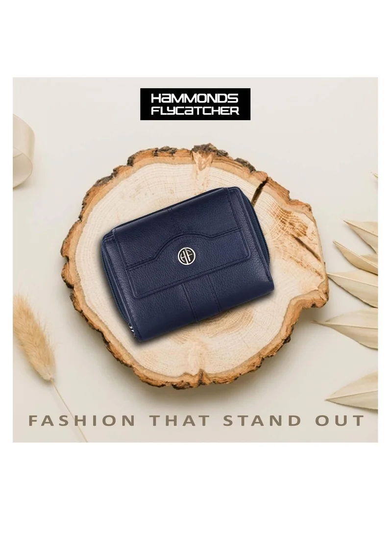 HAMMONDS FLYCATCHER Wallet for Women - Leather Ladies Wallet - Blue - 14 Card Slots - RFID Protection - 3 ID Card Slots - Women's Wallet - Button Closure -Hand Wallet - Daily Use, Money Purse | FQQK
