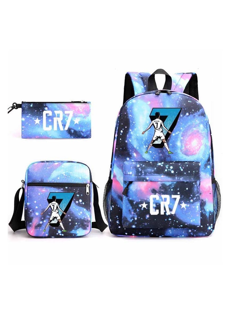 CR7 3PCS Backpack Set, CR7# Football Backpack, Large Capacity Casual Backpack with Lunch Bag and Pencil Case for Boys and Girls - Image 1