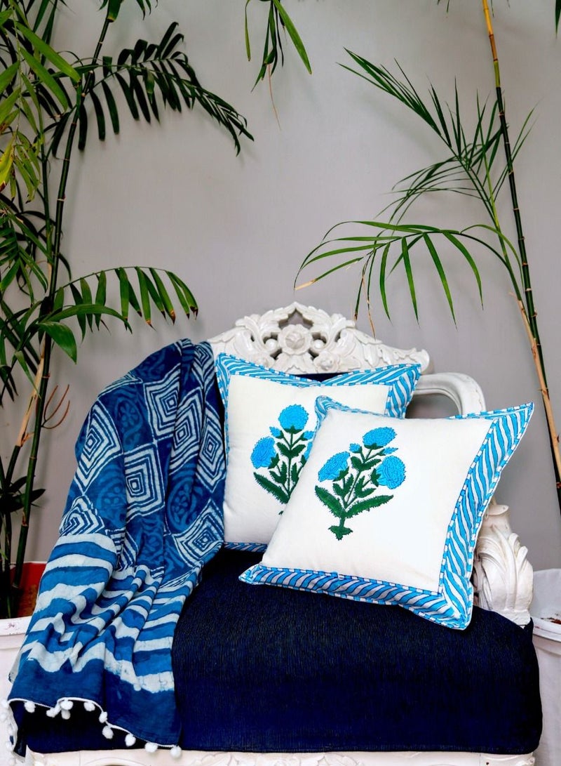 OJARIYA Veronica Blue And White Organic Cotton Hand Block Printed Cushion Cover 40 X 40 Cm - Image 1