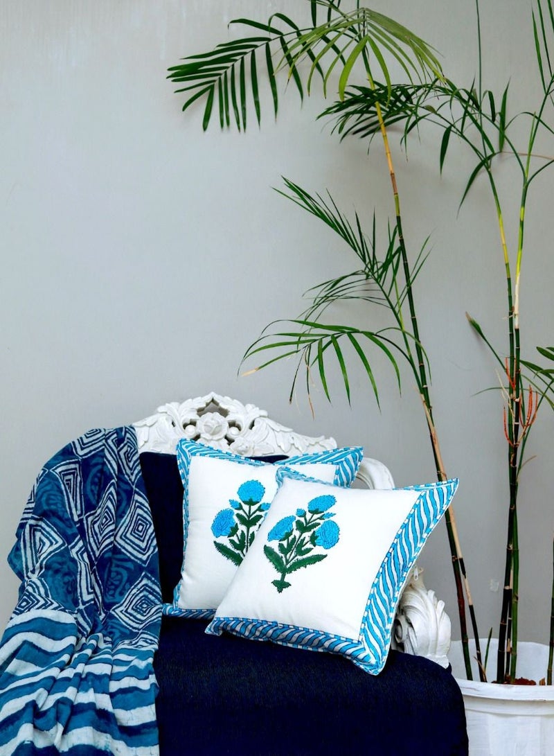 OJARIYA Veronica Blue And White Organic Cotton Hand Block Printed Cushion Cover 40 X 40 Cm - Image 2