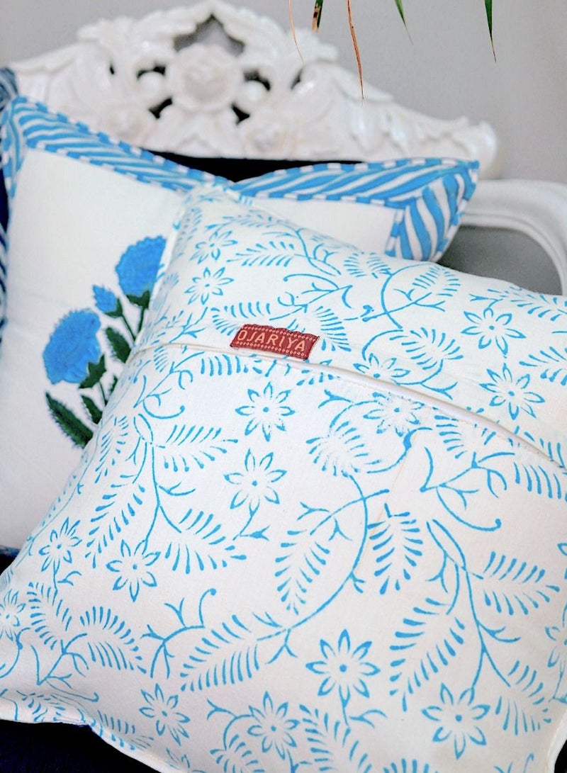OJARIYA Veronica Blue And White Organic Cotton Hand Block Printed Cushion Cover 40 X 40 Cm - Image 3