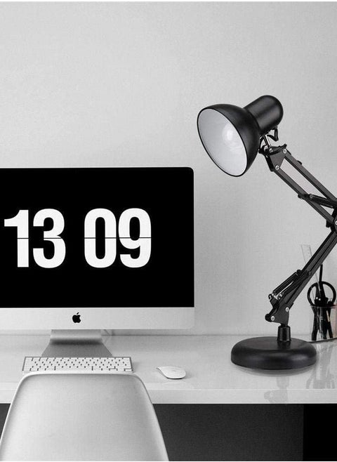 Modern LED table lamp with long adjustable swing arm, classic clip, color: black.