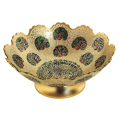 Zap Impex Brass Decorative Dry Fruit Bowl Multipurpose Serving Bowl carving Work - Size- 9" Beautiful White Color Peacock design Kitchenware Gift - Image 1
