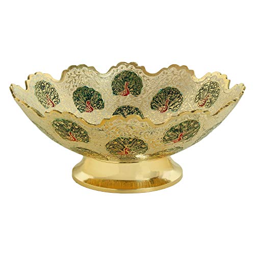 Zap Impex Brass Decorative Dry Fruit Bowl Multipurpose Serving Bowl carving Work - Size- 9" Beautiful White Color Peacock design Kitchenware Gift - Image 2