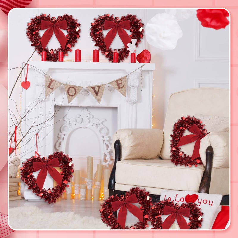 Geosar Red Valentine Heart Wreaths for Front Door Heart Shaped Wreath Tinsel Decor with Bowknot 12 Inch Hanging Valentine's Day Decor for Anniversary Wedding Wall Window Mantel(6 Pieces) - Image 3
