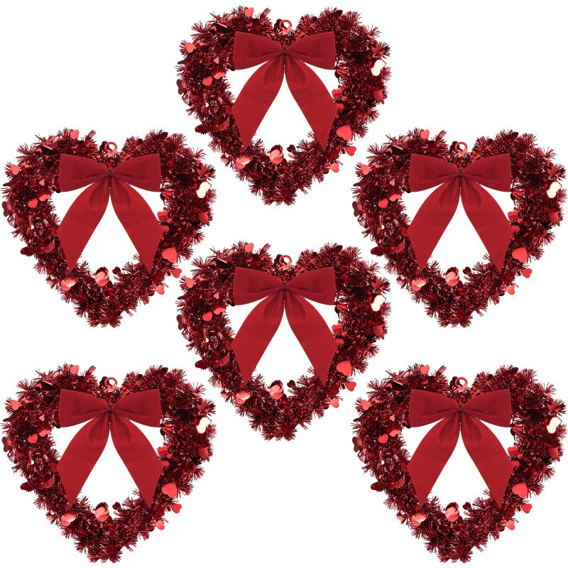 Geosar Red Valentine Heart Wreaths for Front Door Heart Shaped Wreath Tinsel Decor with Bowknot 12 Inch Hanging Valentine's Day Decor for Anniversary Wedding Wall Window Mantel(6 Pieces) - Image 1