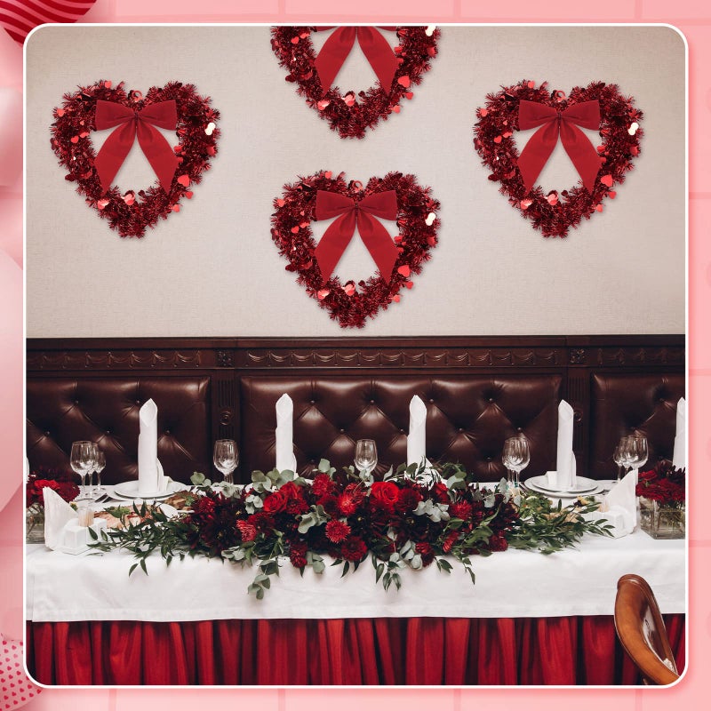 Geosar Red Valentine Heart Wreaths for Front Door Heart Shaped Wreath Tinsel Decor with Bowknot 12 Inch Hanging Valentine's Day Decor for Anniversary Wedding Wall Window Mantel(6 Pieces) - Image 5
