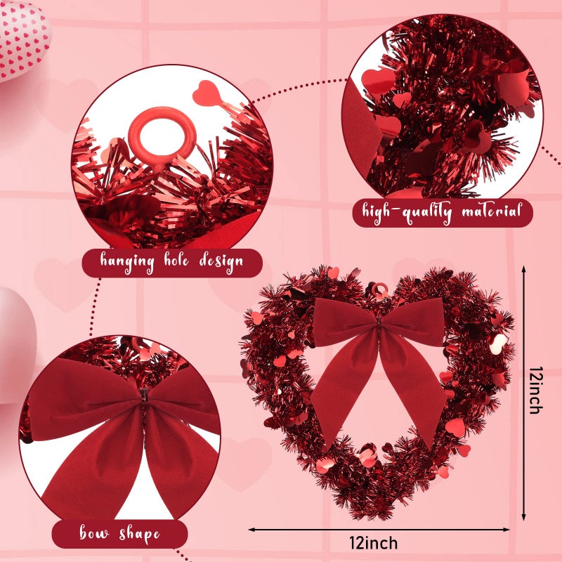 Geosar Red Valentine Heart Wreaths for Front Door Heart Shaped Wreath Tinsel Decor with Bowknot 12 Inch Hanging Valentine's Day Decor for Anniversary Wedding Wall Window Mantel(6 Pieces) - Image 4