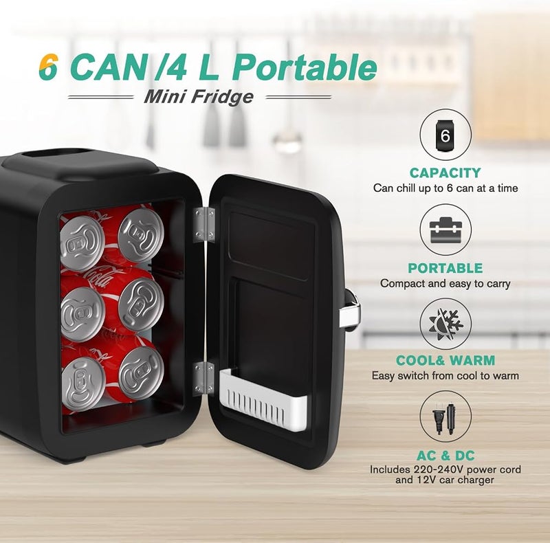 CROWNFUL Mini Fridge, 4 Liter 6 Can Portable Cooler and Warmer, Personal Fridge for Skin Care, Cosmetics, Food, Great for Bedroom, Office, Car, Dorm, ETL Listed (Black) - Image 2