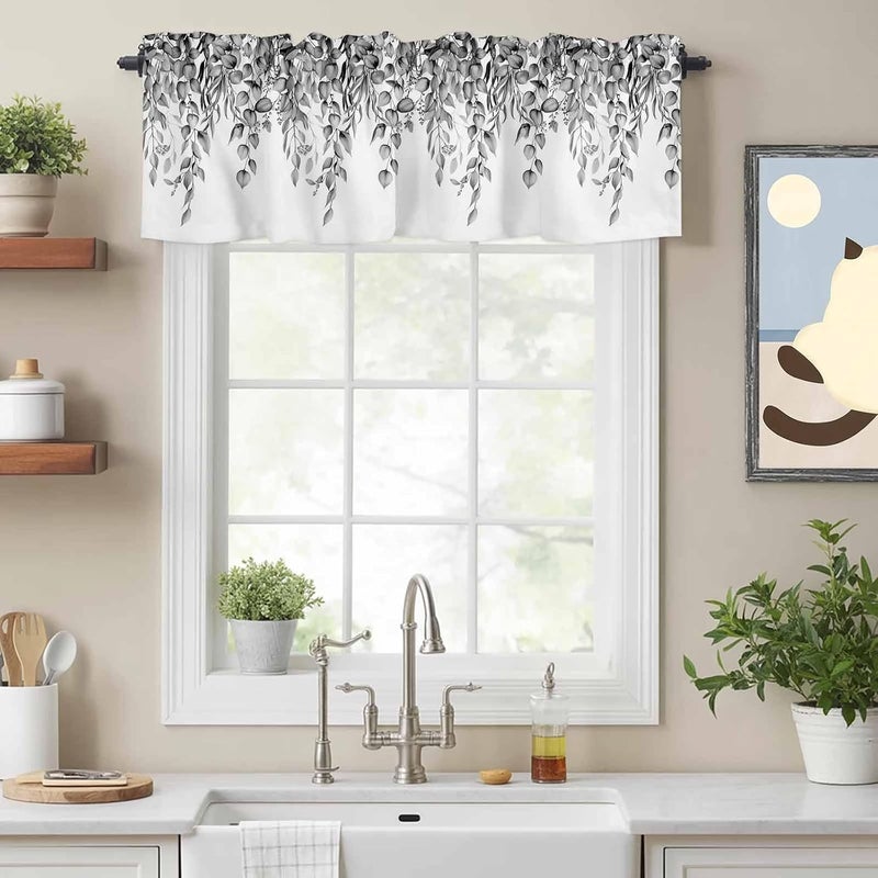 Eucalyptus Leaves Valances for Windows, Short Curtains for Kitchen/Bathroom, Black Grey Summer Botanical Weeping Rod Pocket Window Treatment for Living Room/Doorway/Bedroom/Cafe Decor Panel 60"x14 - Image 2