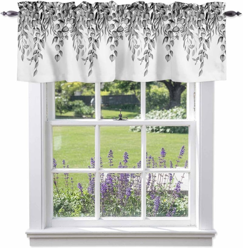 Eucalyptus Leaves Valances for Windows, Short Curtains for Kitchen/Bathroom, Black Grey Summer Botanical Weeping Rod Pocket Window Treatment for Living Room/Doorway/Bedroom/Cafe Decor Panel 60"x14 - Image 1