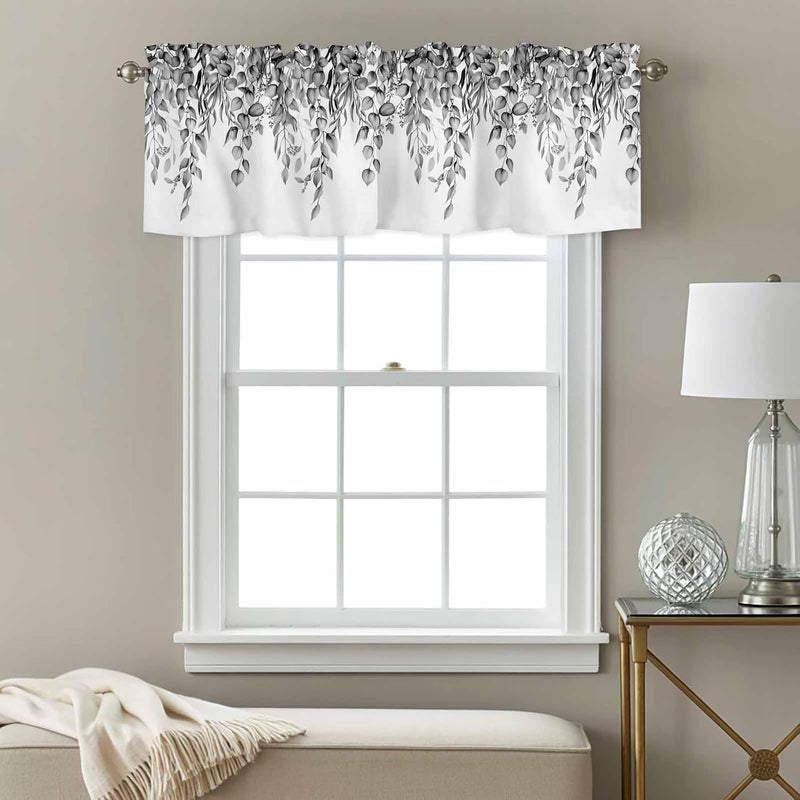 Eucalyptus Leaves Valances for Windows, Short Curtains for Kitchen/Bathroom, Black Grey Summer Botanical Weeping Rod Pocket Window Treatment for Living Room/Doorway/Bedroom/Cafe Decor Panel 60"x14 - Image 3