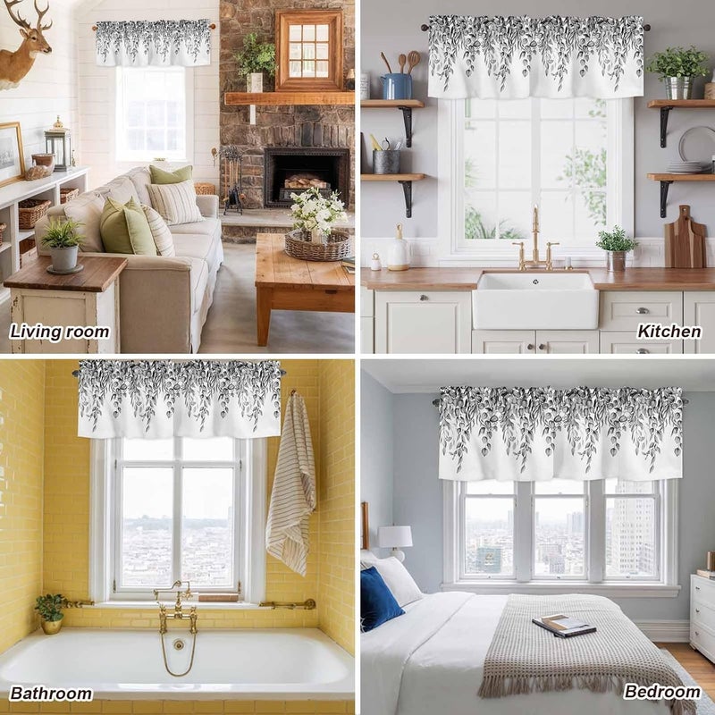 Eucalyptus Leaves Valances for Windows, Short Curtains for Kitchen/Bathroom, Black Grey Summer Botanical Weeping Rod Pocket Window Treatment for Living Room/Doorway/Bedroom/Cafe Decor Panel 60"x14 - Image 5